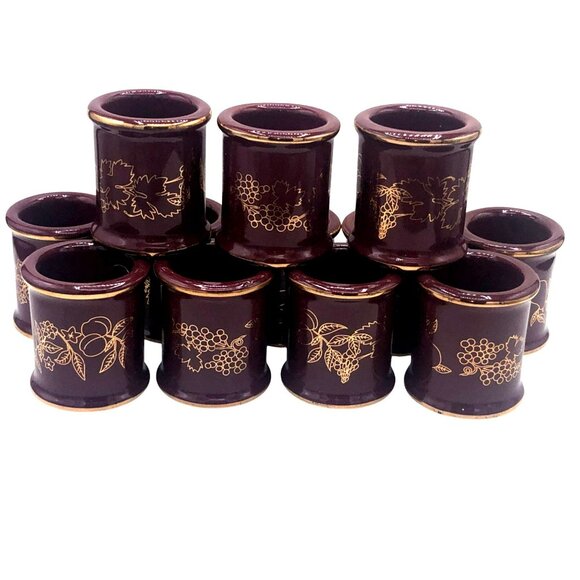 Set Of 12 Burgundy Deep Red & Metallic Gold Ceramic Napkin Rings - Picture 5 of 5